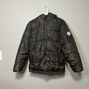 DKNY Boys Reversible Puffer Jacket Camo Black Large 14 16 Hooded Coat